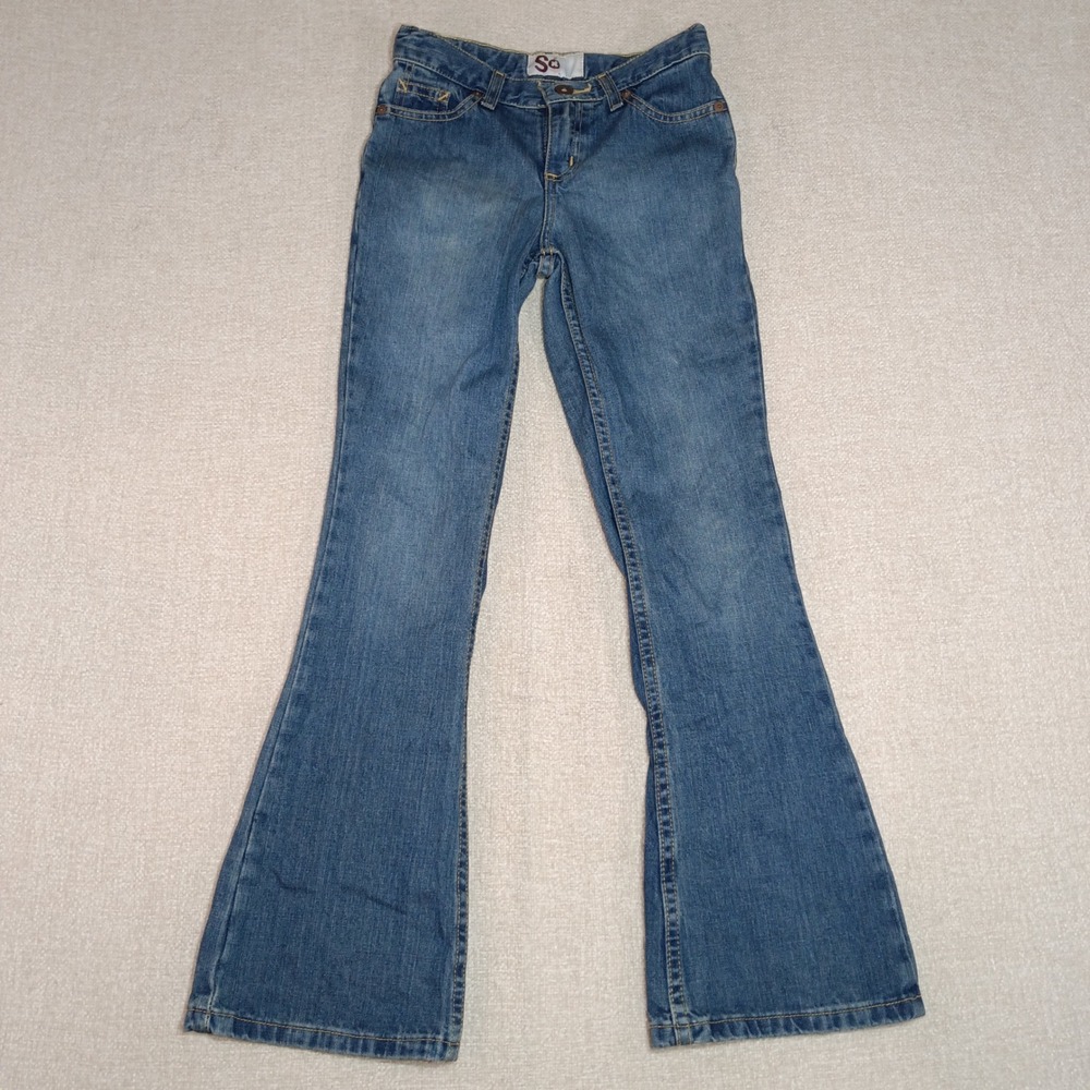 SO Girls Blue Denim Flare Leg Jeans Size 12 Slim Medium Wash Adjustable Waist